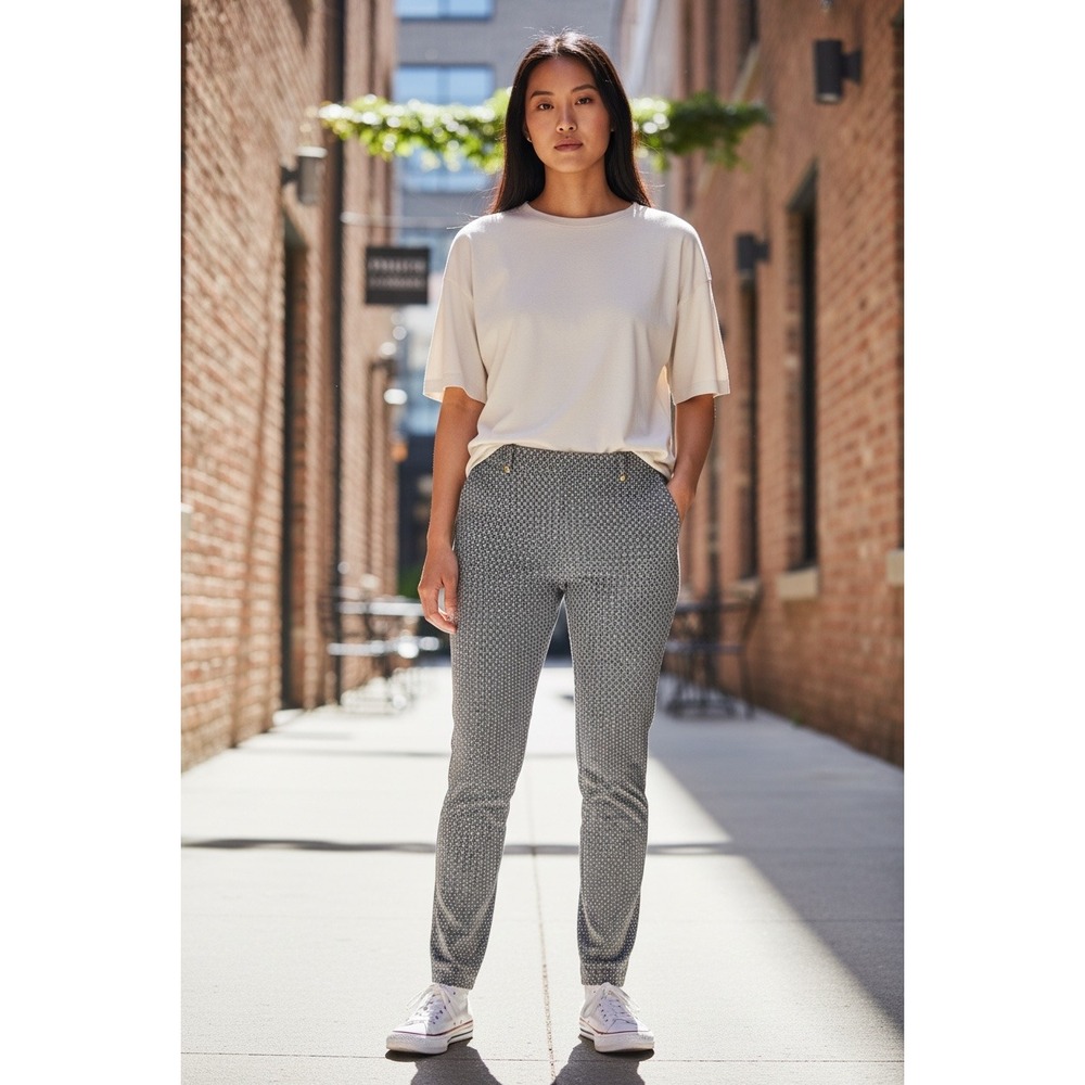 Womens Geometric Jacquard Slim Fit Ankle Pants Grey White Trousers Office Casual